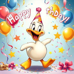 A celebratory poster featuring a joyful cartoon duck in a style inspired by classic Mickey Mouse cartoons