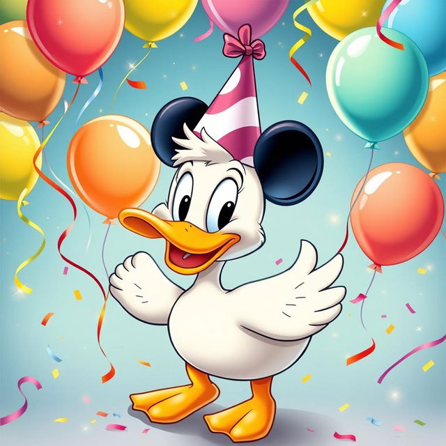 A celebratory poster featuring a joyful cartoon duck in a style inspired by classic Mickey Mouse cartoons