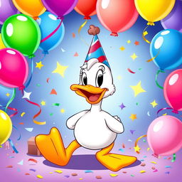 A celebratory poster featuring a joyful cartoon duck in a style inspired by classic Mickey Mouse cartoons