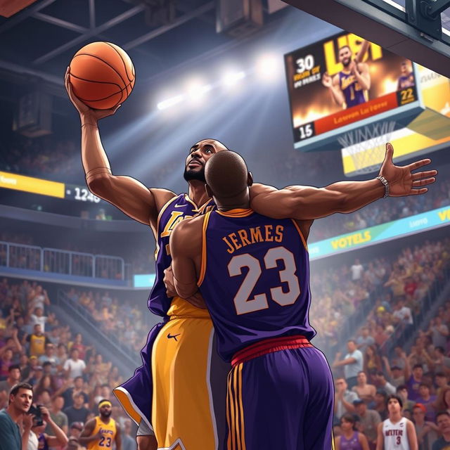 A thrilling and iconic illustration capturing the moment Kobe Bryant hits a game-winning buzzer beater for the Los Angeles Lakers