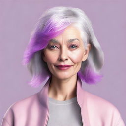 Generate a detailed image of a human female in her 20s with distinctive gray hair, one eye is pink and the other purple, wearing stylish leather clothing