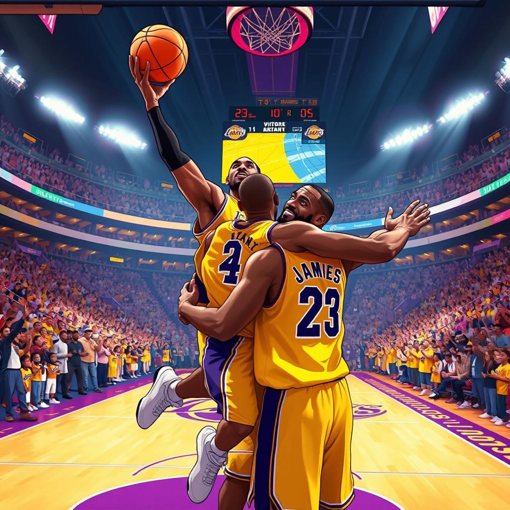 A thrilling and iconic illustration capturing the moment Kobe Bryant hits a game-winning buzzer beater for the Los Angeles Lakers