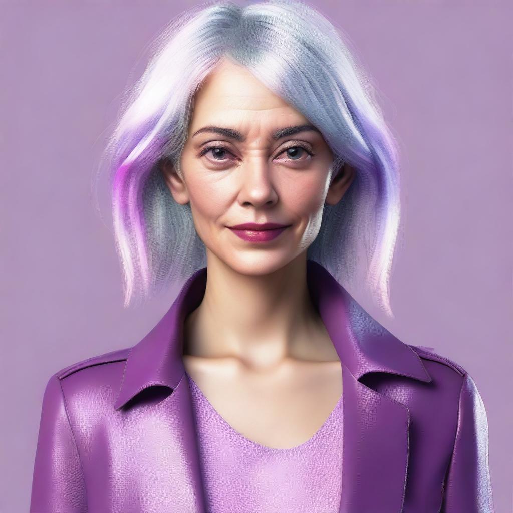 Generate a detailed image of a human female in her 20s with distinctive gray hair, one eye is pink and the other purple, wearing stylish leather clothing