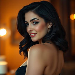 A sexy Lebanese woman in profile, featuring slightly wavy black hair and beautiful curvaceous forms