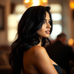 A sexy Lebanese woman in profile, featuring slightly wavy black hair and beautiful curvaceous forms