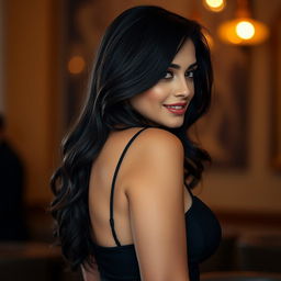 A sexy Lebanese woman in profile, featuring slightly wavy black hair and beautiful curvaceous forms