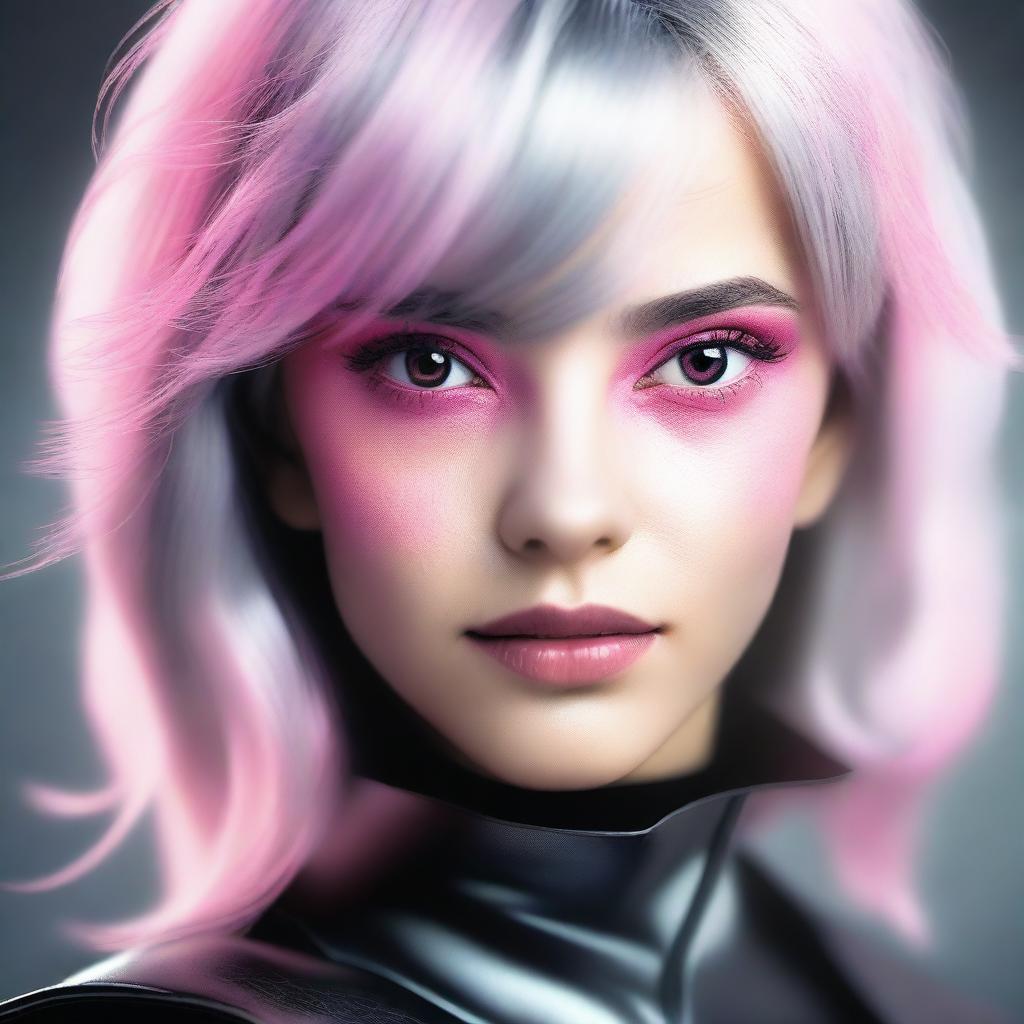 Generate an image of a young adult human female with pink eyes, gray hair, wearing sleek black leather attire.