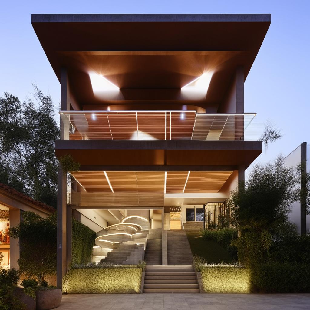 An architectural design of an outside house, featuring elegant stairs leading to the upper floor, which houses three distinct shops.