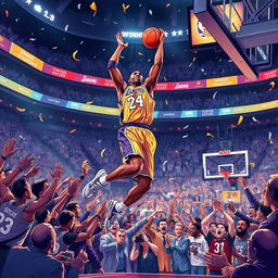 An exhilarating illustration of Kobe Bryant hitting a dramatic buzzer beater that secures victory for the Los Angeles Lakers