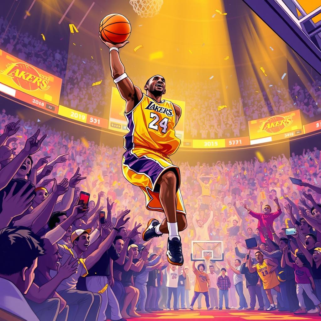 An exhilarating illustration of Kobe Bryant hitting a dramatic buzzer beater that secures victory for the Los Angeles Lakers