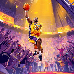 An exhilarating illustration of Kobe Bryant hitting a dramatic buzzer beater that secures victory for the Los Angeles Lakers