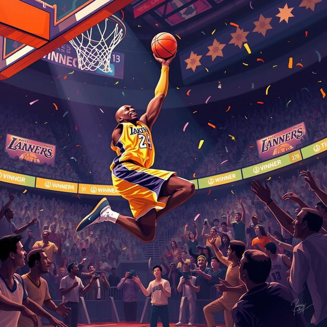 An exhilarating illustration of Kobe Bryant hitting a dramatic buzzer beater that secures victory for the Los Angeles Lakers