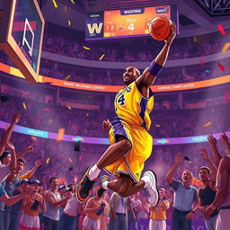 An exhilarating illustration of Kobe Bryant hitting a dramatic buzzer beater that secures victory for the Los Angeles Lakers