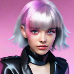 Generate an image of a young adult human female with pink eyes, gray hair, wearing sleek black leather attire.