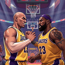 A dynamic and intense illustration of a fictional basketball rivalry showdown between Kobe Bryant and LeBron James