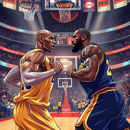 A dynamic and intense illustration of a fictional basketball rivalry showdown between Kobe Bryant and LeBron James