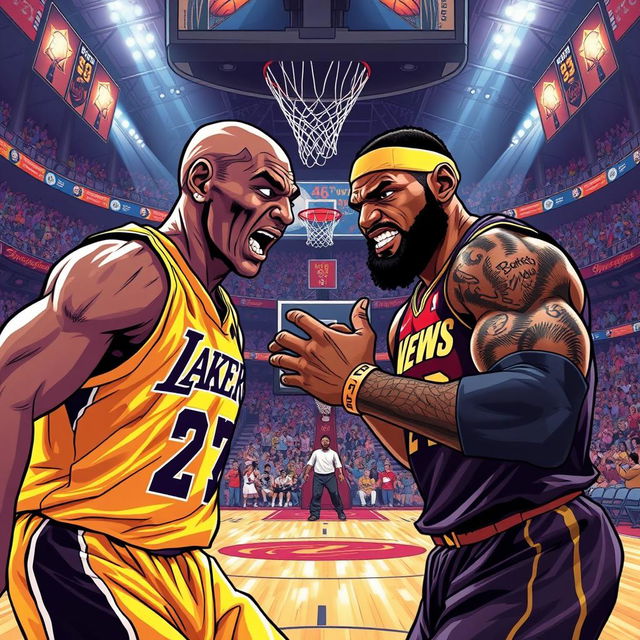 A dynamic and intense illustration of a fictional basketball rivalry showdown between Kobe Bryant and LeBron James