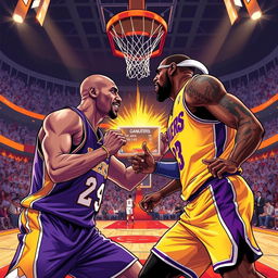 A dynamic and intense illustration of a fictional basketball rivalry showdown between Kobe Bryant and LeBron James