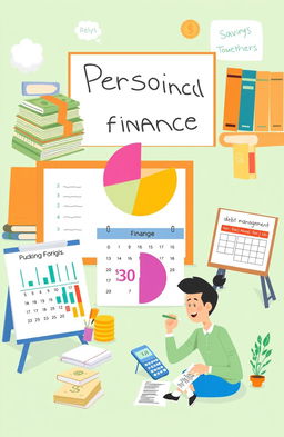 An educational scene depicting the principles of personal finance, illustrated with various elements such as a stack of money, a colorful pie chart representing budget allocation, a calendar highlighting savings goals, and a person analyzing their finances with a calculator