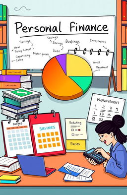 An educational scene depicting the principles of personal finance, illustrated with various elements such as a stack of money, a colorful pie chart representing budget allocation, a calendar highlighting savings goals, and a person analyzing their finances with a calculator