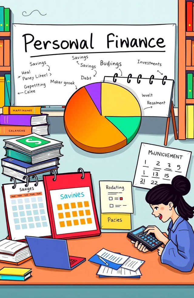 An educational scene depicting the principles of personal finance, illustrated with various elements such as a stack of money, a colorful pie chart representing budget allocation, a calendar highlighting savings goals, and a person analyzing their finances with a calculator