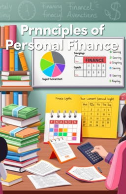 An educational scene depicting the principles of personal finance, illustrated with various elements such as a stack of money, a colorful pie chart representing budget allocation, a calendar highlighting savings goals, and a person analyzing their finances with a calculator