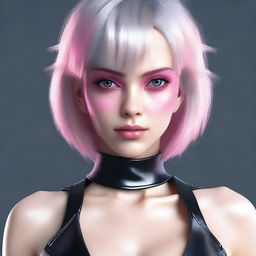 Generate an image of a young adult human female with pink eyes, gray hair, wearing sleek black leather attire.