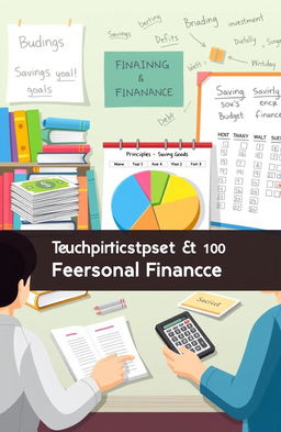 An educational scene depicting the principles of personal finance, illustrated with various elements such as a stack of money, a colorful pie chart representing budget allocation, a calendar highlighting savings goals, and a person analyzing their finances with a calculator