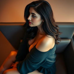 A sexy Lebanese woman, portrayed as a high school student, sitting in profile with a top-down view