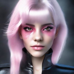 Generate an image of a young adult human female with pink eyes, gray hair, wearing sleek black leather attire.