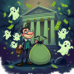 A dark and humorous illustration portraying an adventurous financial scenario mixed with elements of horror and comedy