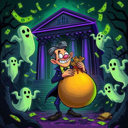 A dark and humorous illustration portraying an adventurous financial scenario mixed with elements of horror and comedy