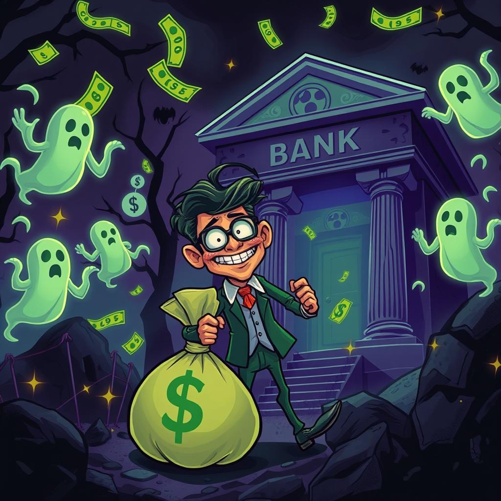 A dark and humorous illustration portraying an adventurous financial scenario mixed with elements of horror and comedy