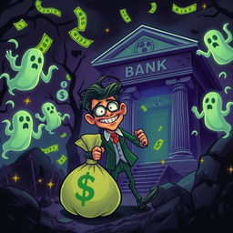 A dark and humorous illustration portraying an adventurous financial scenario mixed with elements of horror and comedy