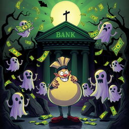 A dark and humorous illustration portraying an adventurous financial scenario mixed with elements of horror and comedy