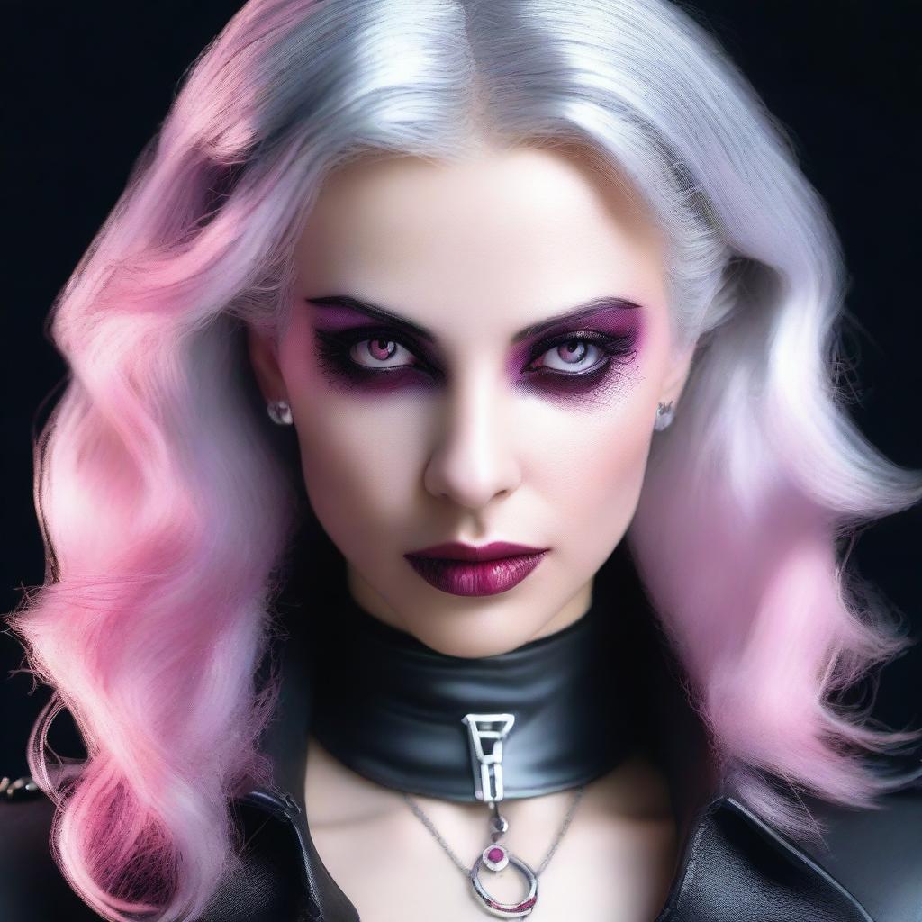 Generate an image of a vampire young adult human female with pink eyes, gray hair, wearing sleek black leather attire, complete with vampiric elements