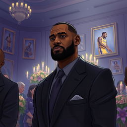 A poignant and respectful illustration of LeBron James at Kobe Bryant's funeral, capturing the deep emotions of the moment