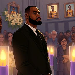 A poignant and respectful illustration of LeBron James at Kobe Bryant's funeral, capturing the deep emotions of the moment