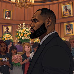 A poignant and respectful illustration of LeBron James at Kobe Bryant's funeral, capturing the deep emotions of the moment