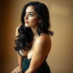 A sexy Lebanese high school woman, shown sitting in profile with a top-down view, featuring slightly wavy black hair