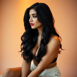 A sexy Lebanese high school woman, shown sitting in profile with a top-down view, featuring slightly wavy black hair