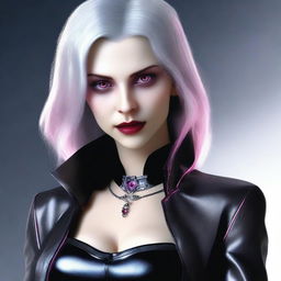 Generate an image of a vampire young adult human female with pink eyes, gray hair, wearing sleek black leather attire, complete with vampiric elements