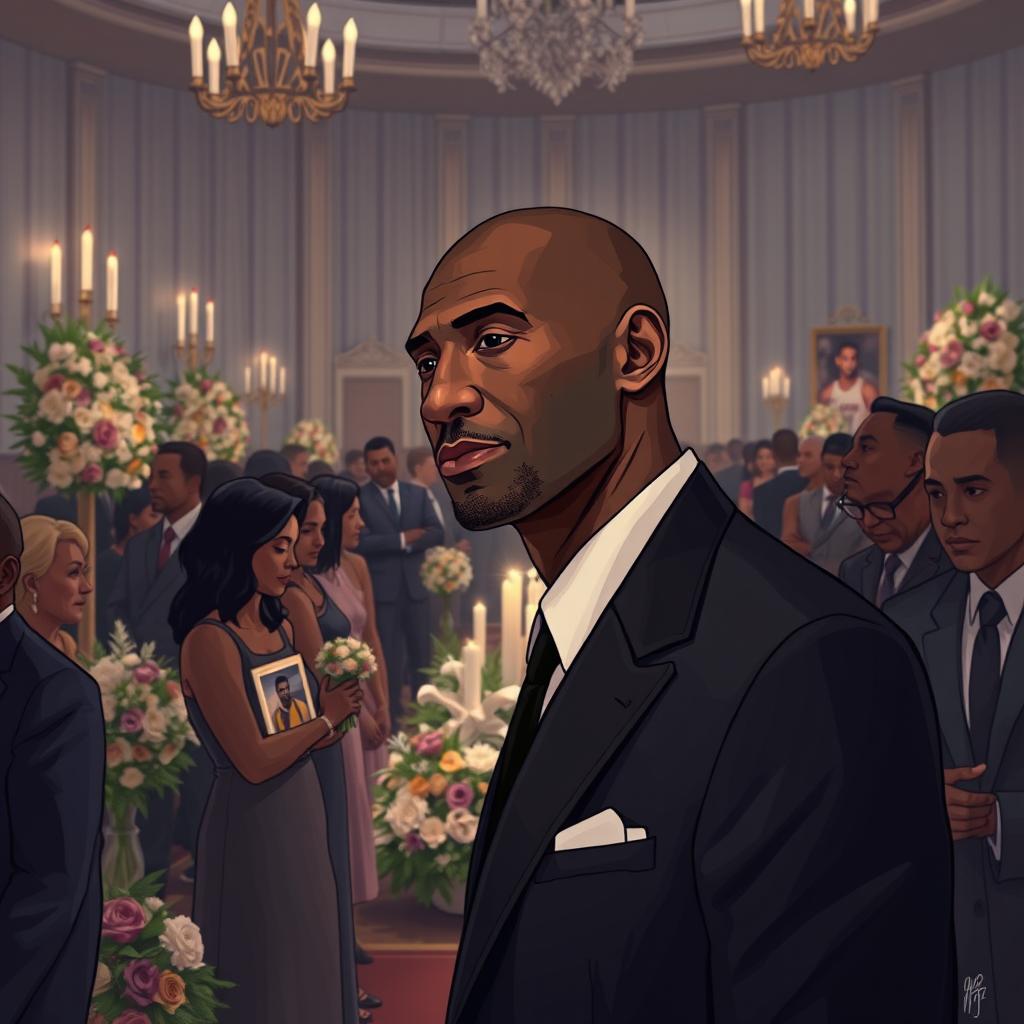 A solemn and respectful illustration of Kobe Bryant attending LeBron James's funeral, capturing the deep sense of loss and mourning