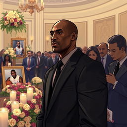 A solemn and respectful illustration of Kobe Bryant attending LeBron James's funeral, capturing the deep sense of loss and mourning