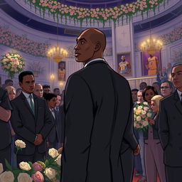 A solemn and respectful illustration of Kobe Bryant attending LeBron James's funeral, capturing the deep sense of loss and mourning