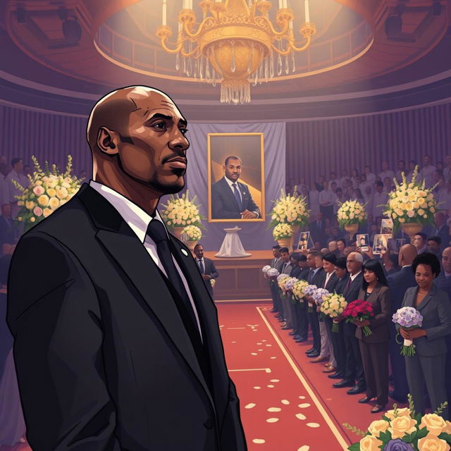 A solemn and respectful illustration of Kobe Bryant attending LeBron James's funeral, capturing the deep sense of loss and mourning