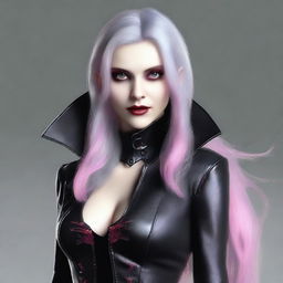 Generate an image of a vampire young adult human female with pink eyes, gray hair, wearing sleek black leather attire, complete with vampiric elements