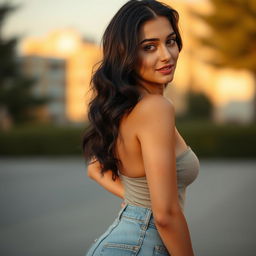 A sexy Lebanese high school woman with slightly wavy black hair, shown in a full-body pose from head to toe