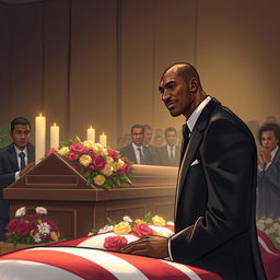 A respectful and solemn illustration depicting Kobe Bryant at LeBron James's funeral, creating an atmosphere of mourning and reflection
