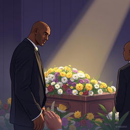 A respectful and solemn illustration depicting Kobe Bryant at LeBron James's funeral, creating an atmosphere of mourning and reflection